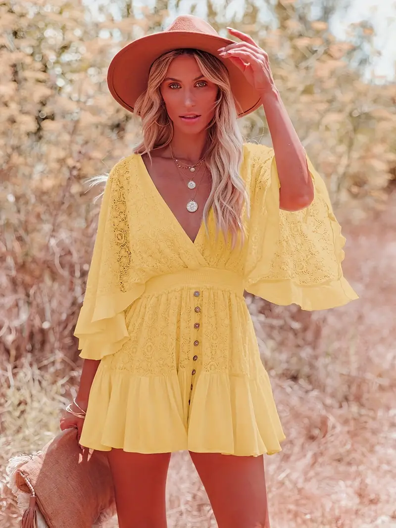 Casual Lace Patchwork Batwing Sleeve V Neck Fashion Summer Loose Dress - Image 11