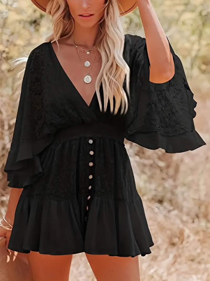 Casual Lace Patchwork Batwing Sleeve V Neck Fashion Summer Loose Dress - Image 7