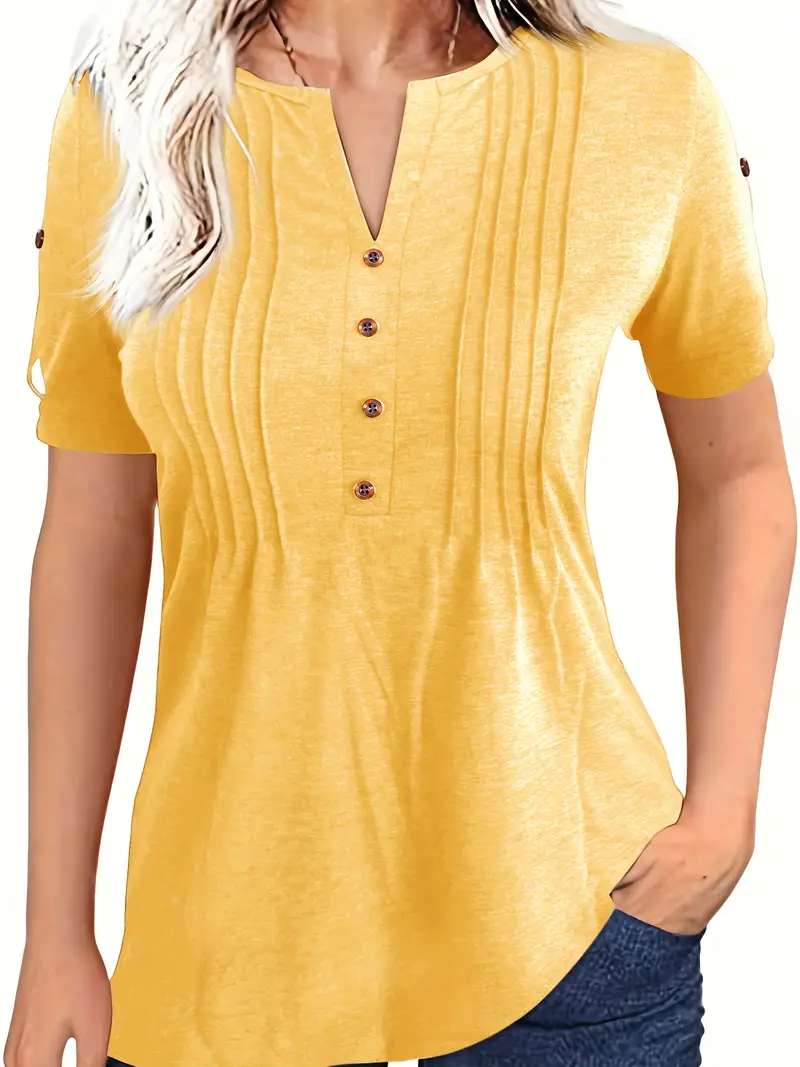 Crew Neck Pleated Button Short Sleeve Loose Summer T-shirt - Image 10
