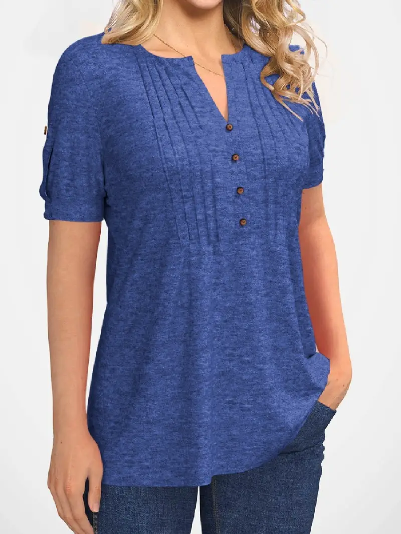 Crew Neck Pleated Button Short Sleeve Loose Summer T-shirt - Image 11