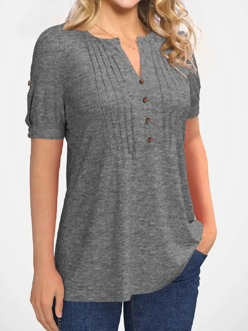 Crew Neck Pleated Button Short Sleeve Loose Summer T-shirt - Image 12