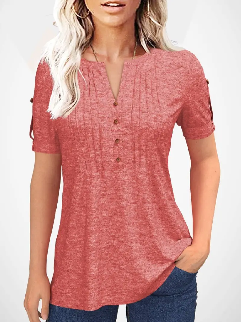 Crew Neck Pleated Button Short Sleeve Loose Summer T-shirt - Image 13