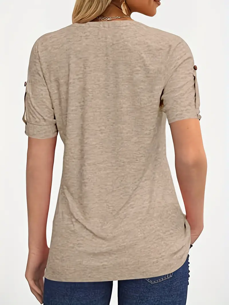 Crew Neck Pleated Button Short Sleeve Loose Summer T-shirt - Image 2