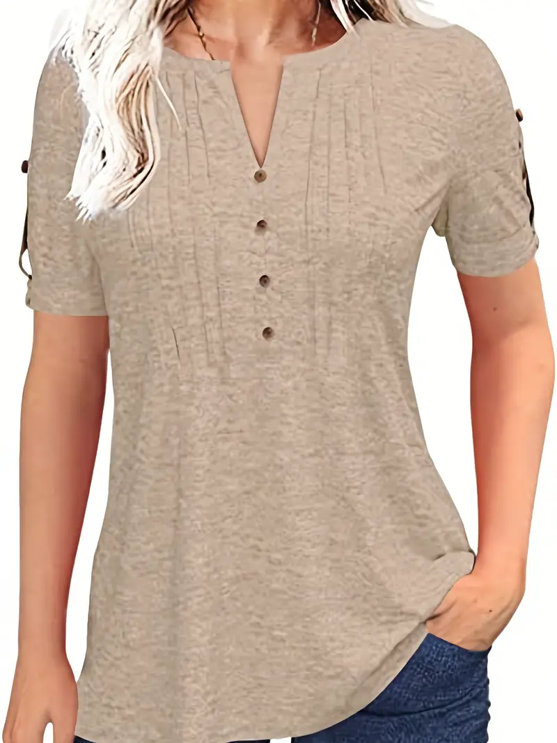 Crew Neck Pleated Button Short Sleeve Loose Summer T-shirt - Image 3