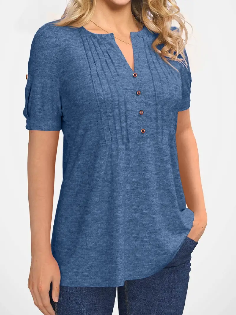 Crew Neck Pleated Button Short Sleeve Loose Summer T-shirt - Image 4