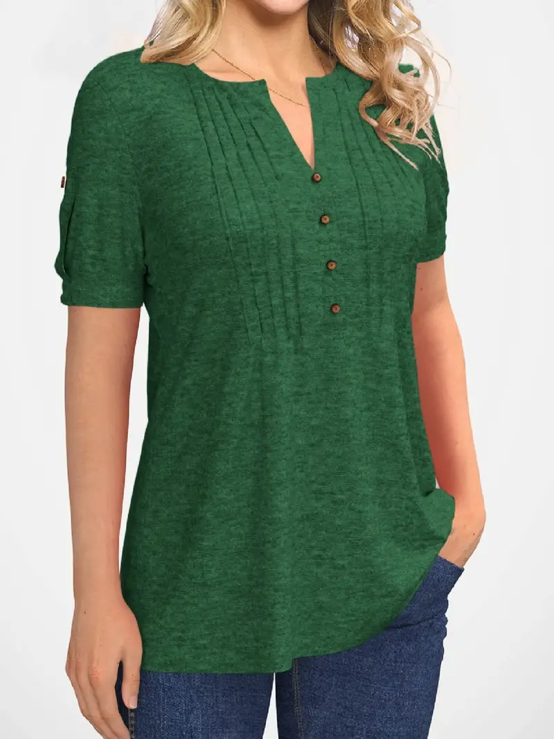 Crew Neck Pleated Button Short Sleeve Loose Summer T-shirt - Image 5