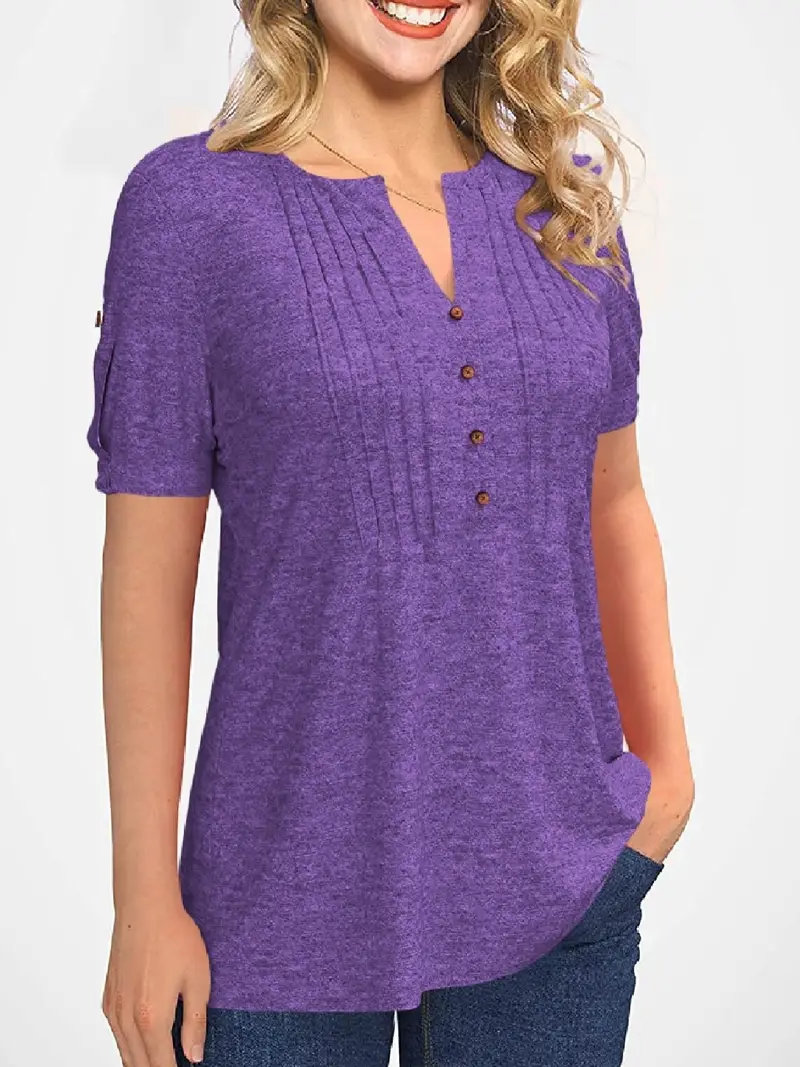 Crew Neck Pleated Button Short Sleeve Loose Summer T-shirt - Image 6