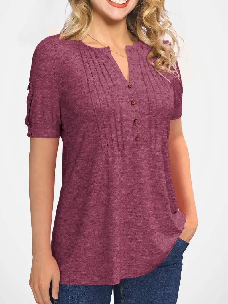 Crew Neck Pleated Button Short Sleeve Loose Summer T-shirt - Image 7