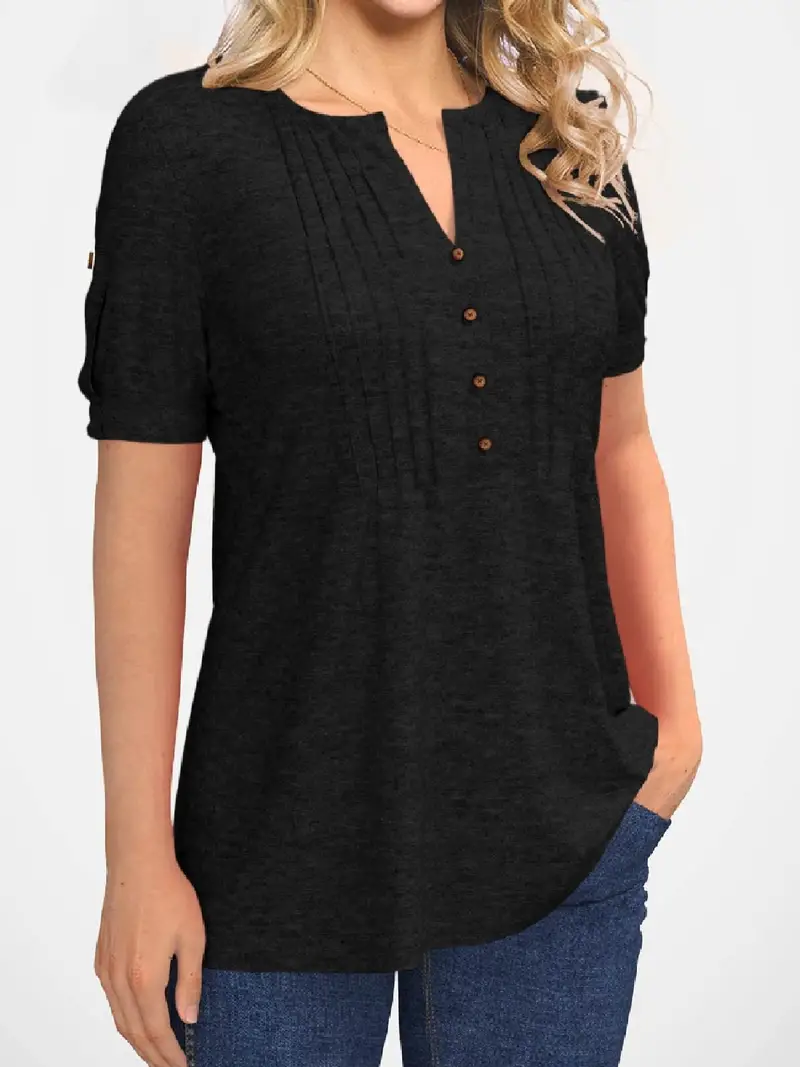 Crew Neck Pleated Button Short Sleeve Loose Summer T-shirt - Image 8