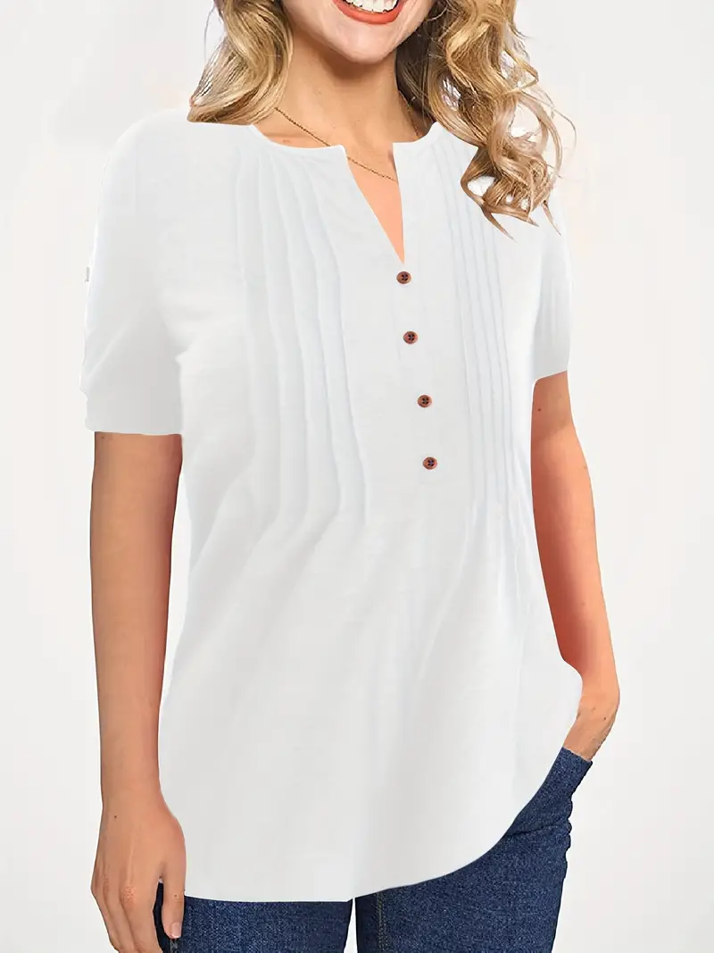 Crew Neck Pleated Button Short Sleeve Loose Summer T-shirt - Image 9